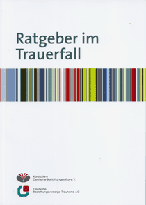 Cover eines Ratgebers mit Titel "Ratgeber im Trauerfall" und bunten vertikalen Streifen in verschiedenen Farben.