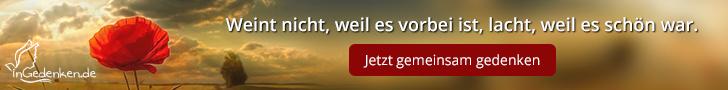 Himmel mit Wolken und Sonnenstrahlen, im Vordergrund eine rote Mohnblume und ein Text &uuml;ber das Gedenken.