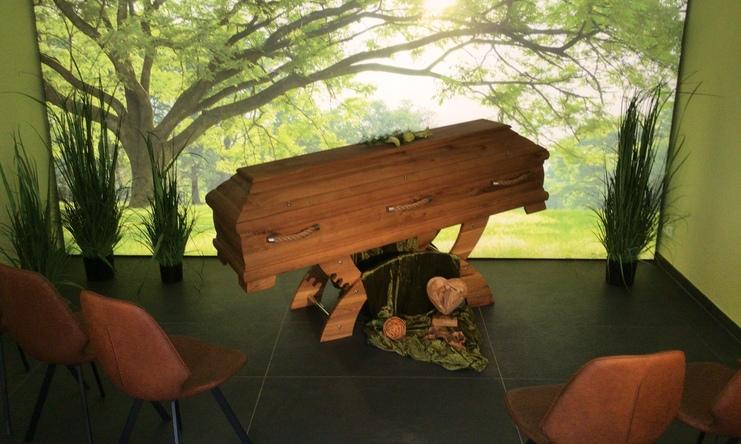 Holzterrarium mit einem Sarg inmitten von St&uuml;hlen, umgeben von gr&uuml;ner Pflanzenwand und entspannender Landschaft.