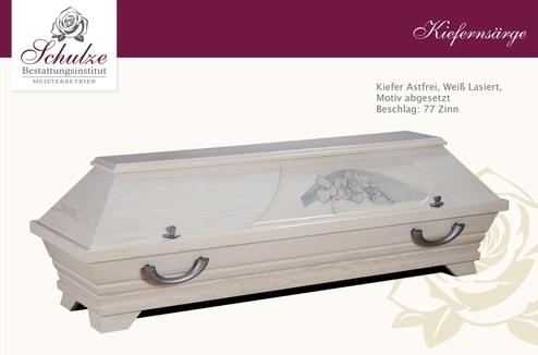 Holzdecken mit abgerundeter Oberkante, verziert mit floralen Motiven und zwei Griffen, Kiefer, weiß lasiert, Bestattung.