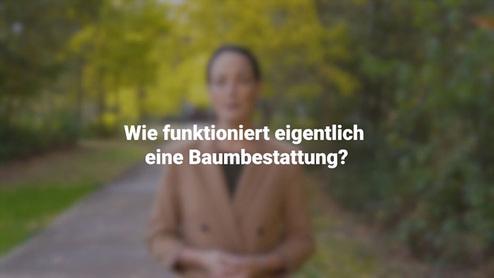 Frau steht in einem Park und fragt: &bdquo;Wie funktioniert eigentlich eine Baumbestattung?&ldquo; Mit gr&uuml;nen B&auml;umen im Hintergrund.